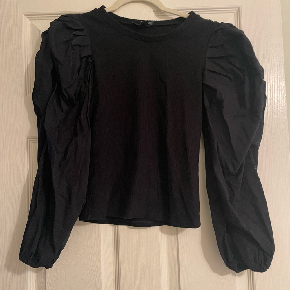 Anthropologie Black Ribbed Puff-sleeve Top